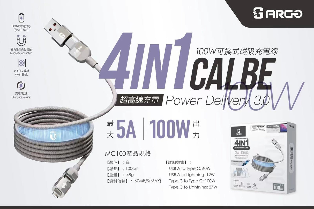 Argo MC100 4IN1 100W磁力收納充電線