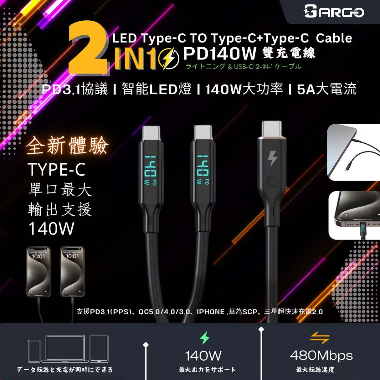 ARGO (CC140) C to C1+C2 140W 雙快充數顯數據線