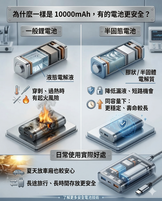 半固態電池 vs 一般鋰電池：同樣是 10000mAh，為何有些行動電源更安全？ 選購行動