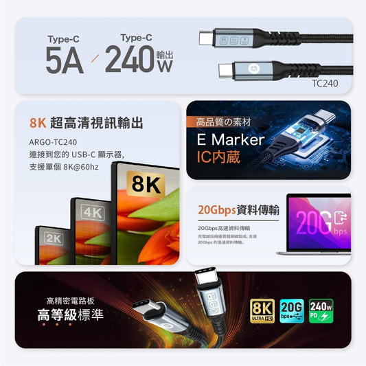 ARGO TC240 240W 8K USB3.2 Gen2 充電線