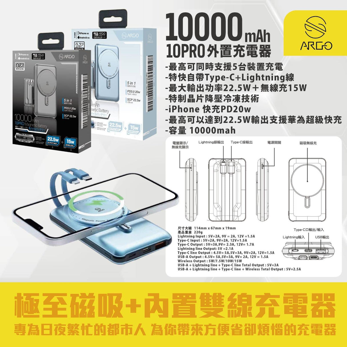 ARGO-10PRO 5合1 磁吸+內置雙線 10000mAh 行動電源