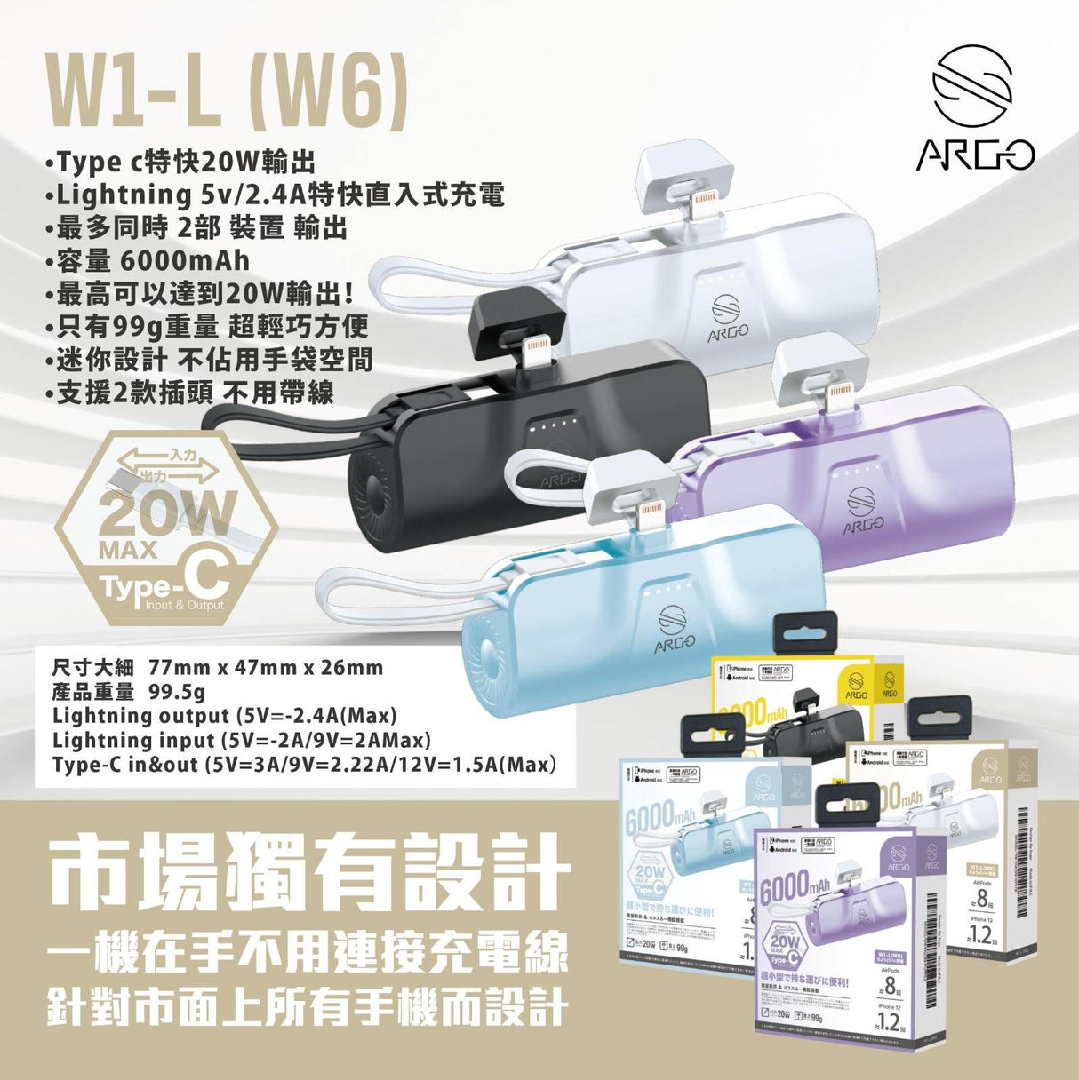 ARGO-W6 20W 6000mAh 特快直⼊式行動電源