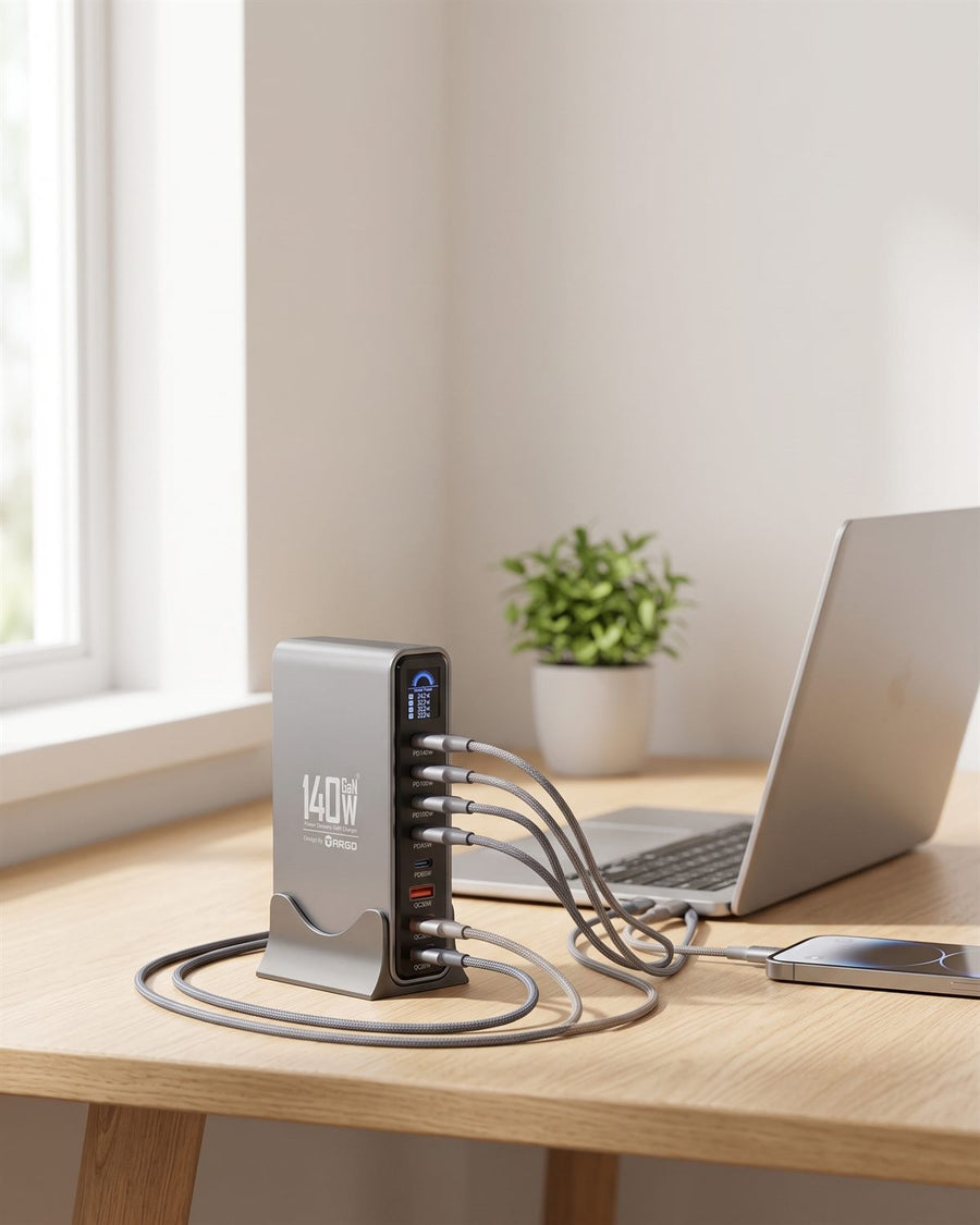 ARGO PowerZap T14 140W GaN charger charging a laptop and a phone at the same time