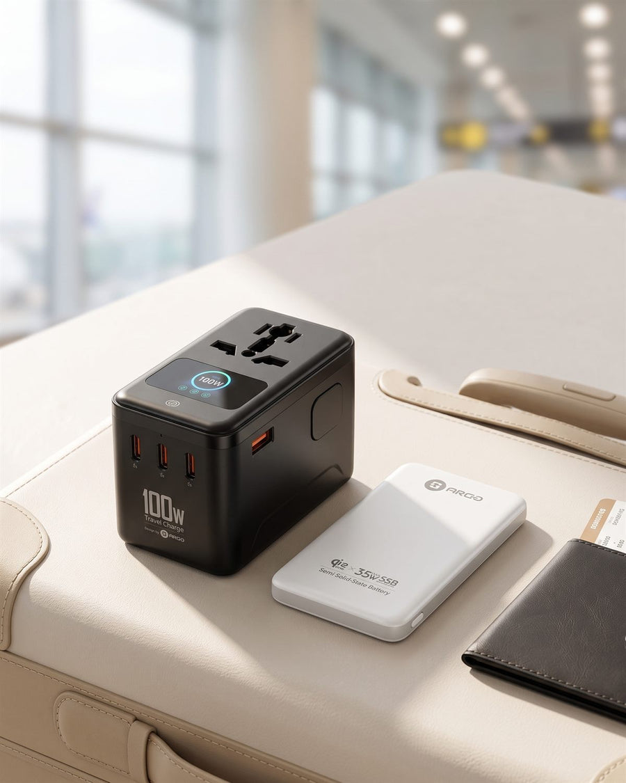 ARGO TRO100 travel charger and SSB5P power bank on a suitcase